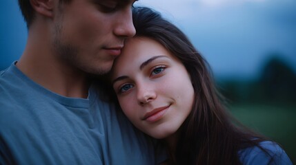 Fototapeta premium A tender moment shared between a couple during twilight conveying deep connection and peace