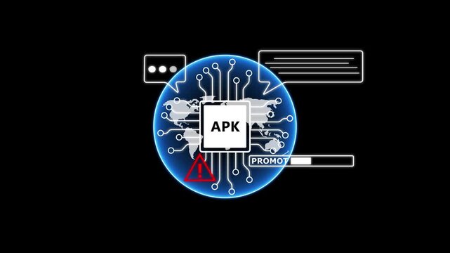 Digital circuit board with APK text and warning symbol on black background cost per acquisition technology. 4k animation video