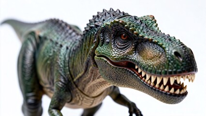 Fototapeta premium A dinosaur model with its mouth wide open in a black-and-white photo - suitable for science popularization display scenarios
