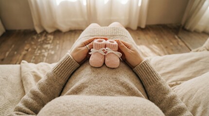 Pregnant woman lying down holding pink baby booties on her belly in beige sweater