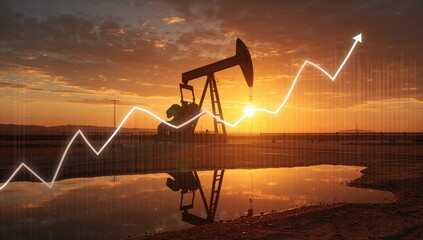 Oil pump jack at sunset with rising financial graph representing energy industry growth investment and global oil market trends