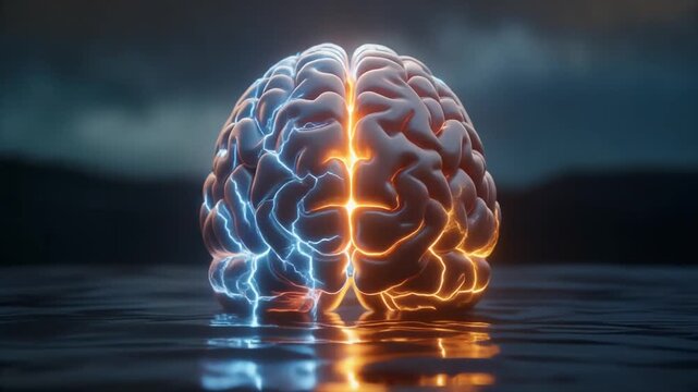 Illuminated Brain and Spine Illustration Reflected on Water at Night with Neural Network Visuals.