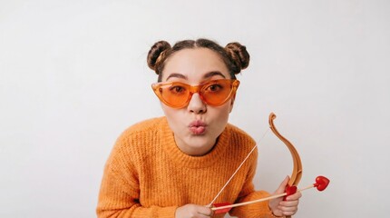 Young woman in orange sunglasses holding cupid bow and puckering lips