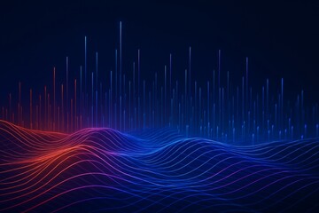 Abstract neon light waves and vertical lines in digital landscape with futuristic data grid effect on dark background in vibrant blue and red tones. Ai generative