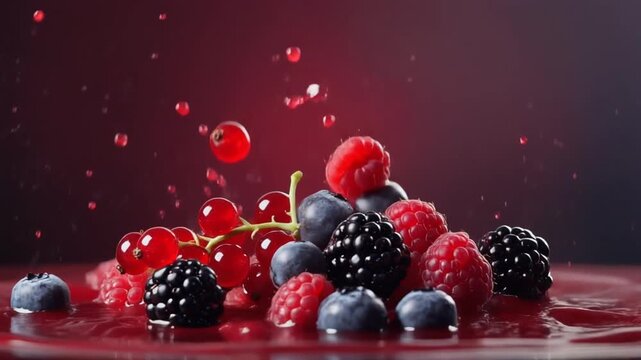 Colorful assortment of fresh raspberries, blueberries, and blackberries with juice on a dark surface.