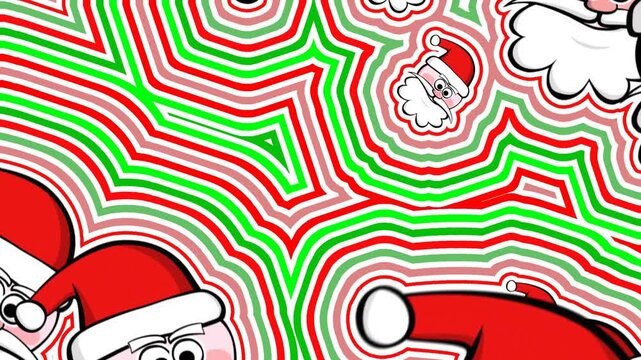 Seamless animation of illustration of santa faces falling with lines wave effect