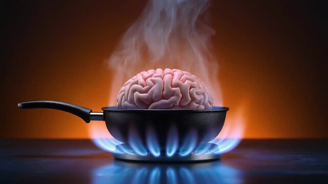 Surreal Brain Simmering in a Blue Pan Over a Flame.