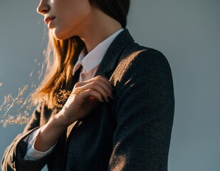 Young professional woman in a stylish suit, bathed in warm sunlight, exuding confidence and elegance.