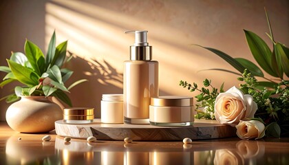 Skincare bottles and jars with golden lids sit on a marble base next to greenery and a rose on a reflective surface