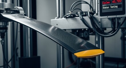 Carbon fiber helicopter rotor blade flexed repeatedly in fatiguetesting machine simulating thousands of flight hours.