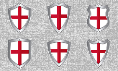 Set of metal shields with the English flag
