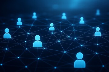 Blue glowing user icons connected by network lines symbolizing digital communication and global connectivity over dark background in a conceptual style. Ai generative