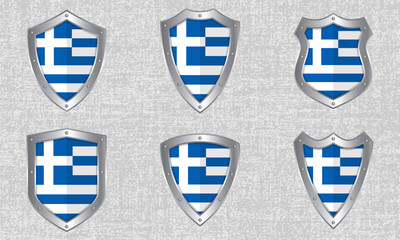 Set of metal shields with the Greek flag