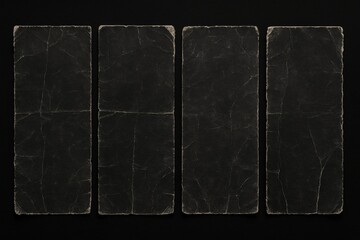 Four dark grunge textured paper sheets with torn edges aligned vertically on black background, aged and weathered look for artistic or design purposes. Ai generative