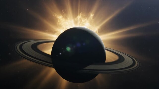 Ringed planet with radiant solar glare in deep space, a cosmic planetary scene.