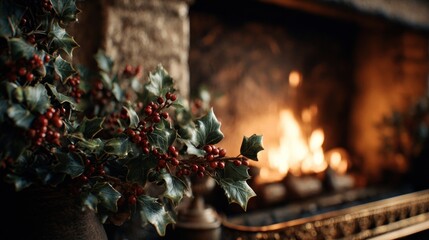 elegant holly and ivy decorations by a roaring fire,