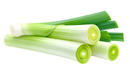 Close-up of several fresh leeks on a dark background, some cut to reveal their spiral insides
