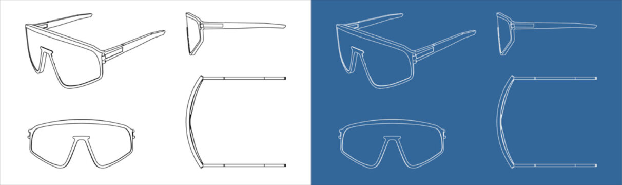 Orthographic Technical Plan of Sport Sunglasses with Measurement Layout