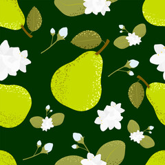 Seamless pattern with green pears, jasmine flowers and leaves on dark green background. Decorative botanical texture for fabric, wallpaper, packaging and surface design