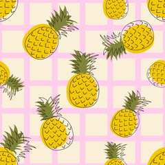 Seamless pattern with hand drawn pineapples on pink checkered background. Playful tropical fruit texture for fabric, wallpaper, wrapping paper, packaging and surface design