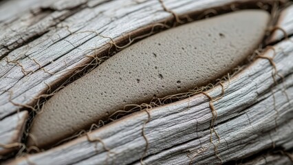 Close-up of a weathered wooden surface with a smooth, light-colored oval embedded within a crack.