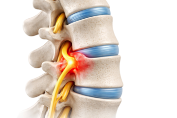 Lumbar spine anatomy showing herniated disc compressing spinal nerve with inflammation pain detail and vertebrae structure isolated on white background