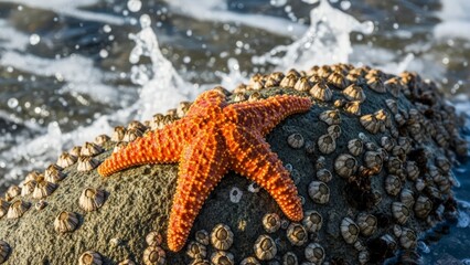Vibrant orange starfish clinging to a barnacle-covered rock with ocean waves splashing in the background.