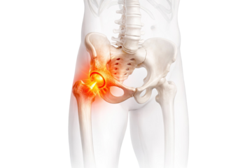 Hip joint anatomy with pelvic bones and femur showing inflammation pain area in human body isolated on white background