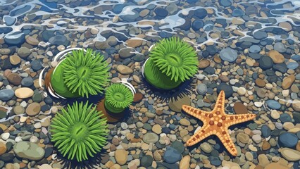 Vibrant Green Sea Anemones and Starfish in Clear Shallow Ocean Water with Pebbles.