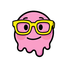 Fototapeta premium Pink cartoon character with yellow glasses smiling