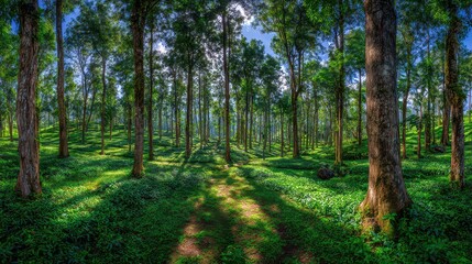 Obraz premium Lush Green Forest Scenery with Sunlight Streaming Through Trees in the Forest with Green Undergrowth and Pathway