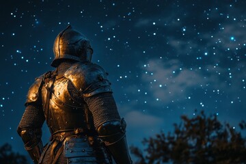 Fototapeta premium Knight in shining armor gazing at a starry sky during a quiet night