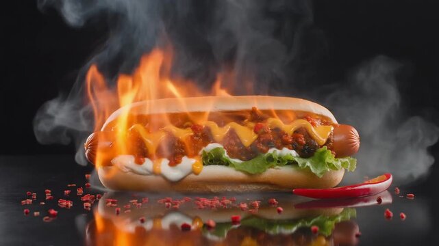 Smokin' Loaded Hot Dog with Spicy Sauce and Grilled Toppings.