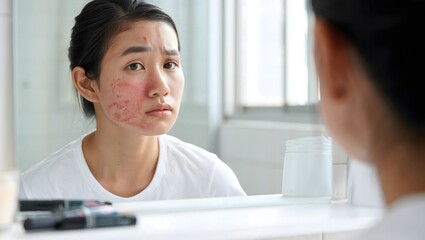 Woman Examining Redness and Skin Irritation in Mirror