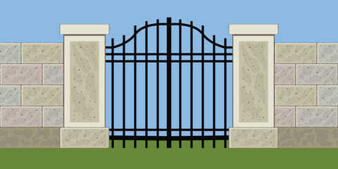 Seamless pattern of stone blocks: fence, gate. Vector illustration.