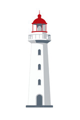 Tall white lighthouse with red lantern isolated