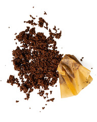 High-resolution photograph of coffee ground paper filter isolate on white, taken with a high-resolution 45MP camera