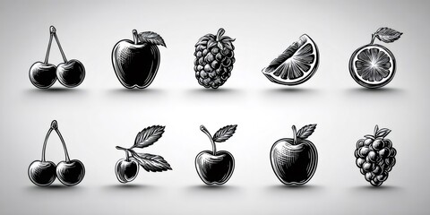 Vintage fruit engraving collection on light background