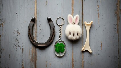 Lucky charms horseshoe, clover keychain, fluffy bunny charm, bone shamrock