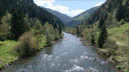 Scenic River Flowing Through Green Mountain Valley Under Clear Blue Sky Surrounded by Lush Pine Trees and Grass Landscape in Bright Daylight