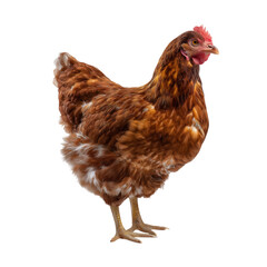 Fototapeta premium Brown hen with white feathers standing on a black background chicken bird