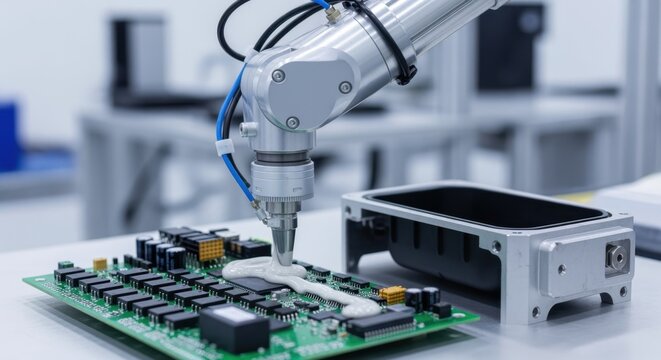 Automated robotic arm applying potting compound to seismic survey sensor electronics emphasizing advanced manufacturing in geophysical equipment.