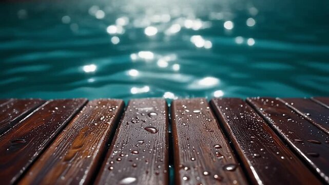 Sunlit wooden pool deck with sparkling water droplets and reflections.