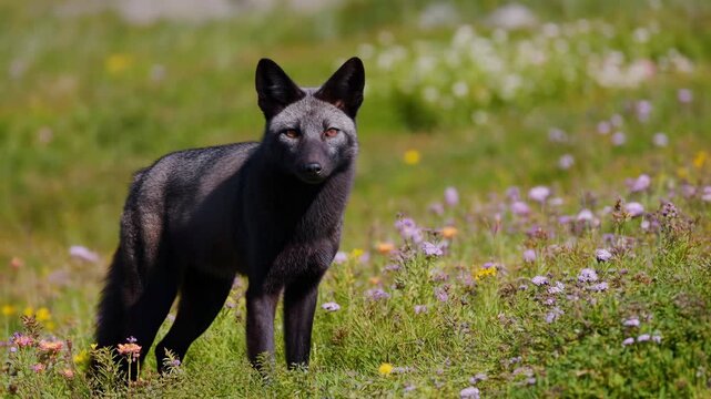 Black Fox Amidst Wildflowers, Enigmatic Black Fox Observed In Natural Meadow Setting During Spring