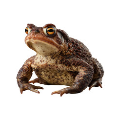 Naklejka premium Brown toad with textured skin and bright orange eyes on black background frog amphibian