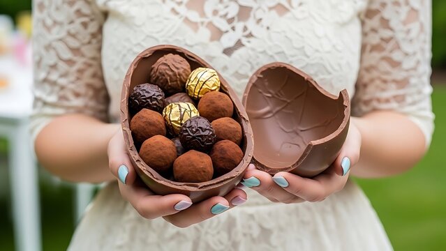 Woman in White Lace Dress Holding Chocolate Easter Egg Filled with Truffles