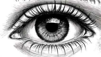 Detailed Hand-Drawn Human Eye with Eyelashes and Pupil.
