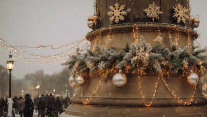 Festive Christmas Decorations Adorn a City Street During Winter.
