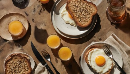 Breakfast table with toast, eggs, and orange juice, top view.