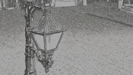 Vintage street lamp in grayscale with intricate details and textures.